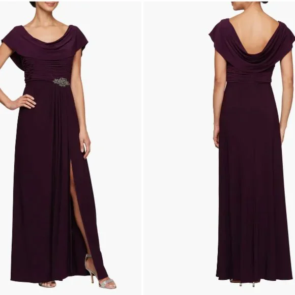 Alex Evenings | Dresses | Alex Evenings Cowl Neck Beaded Waist Eggplant Gown  Sz 8w | Poshmark